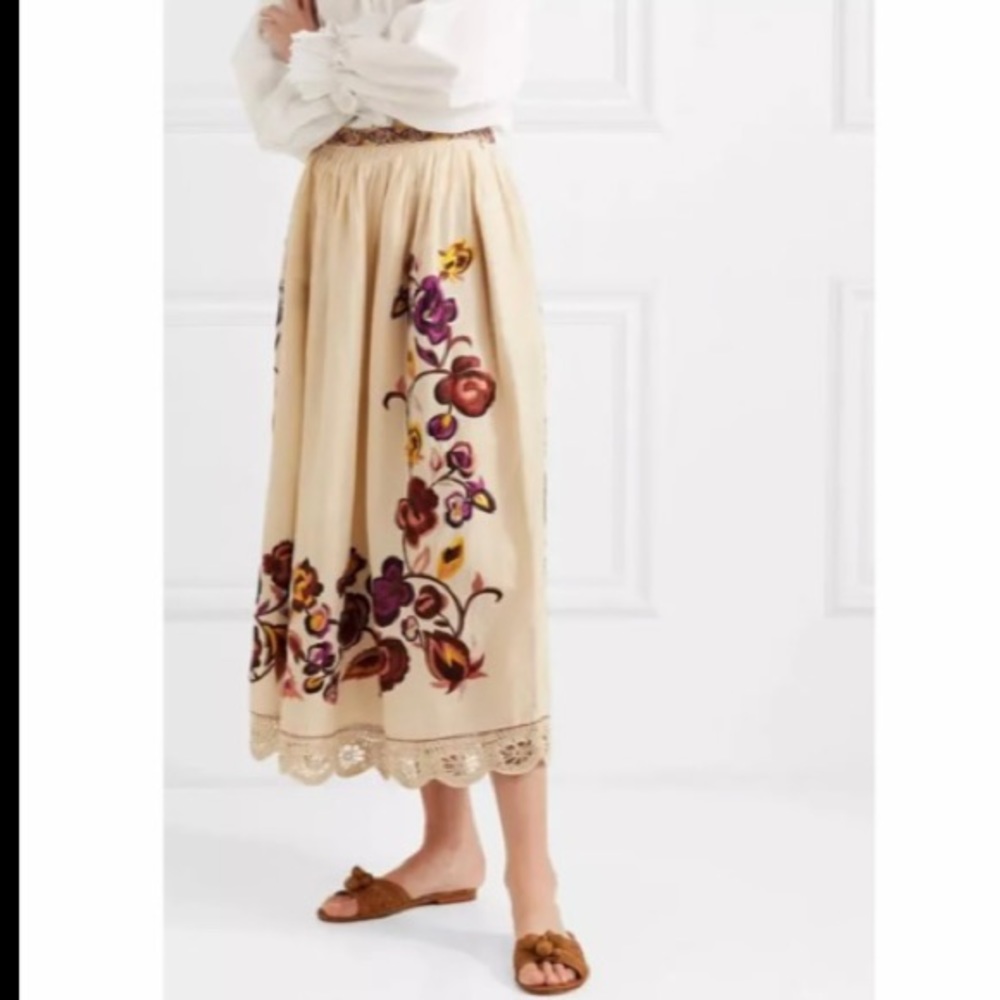 ULLA JOHNSON Yana Embroidered Linen And Cotton-Blend Midi Skirt